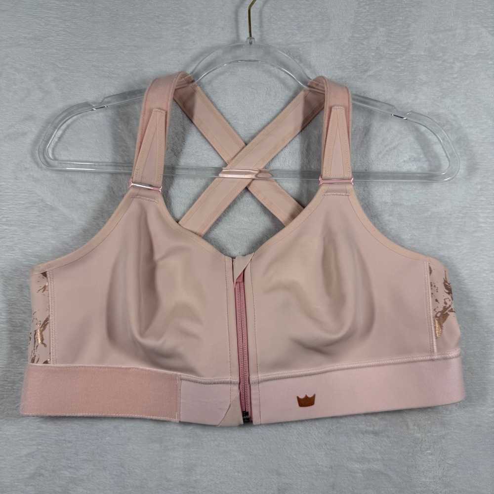 SHEFIT Ultimate Sports Bra Pink Rose Gold 1 Luxe High Impact Front‎ Zip